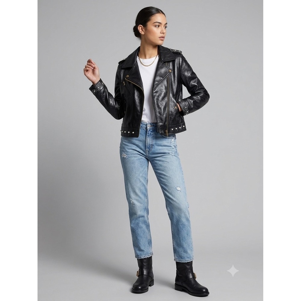 Twinset Milano Black Genuine Leather Pearl Studded Biker Moto Jacket Womens S